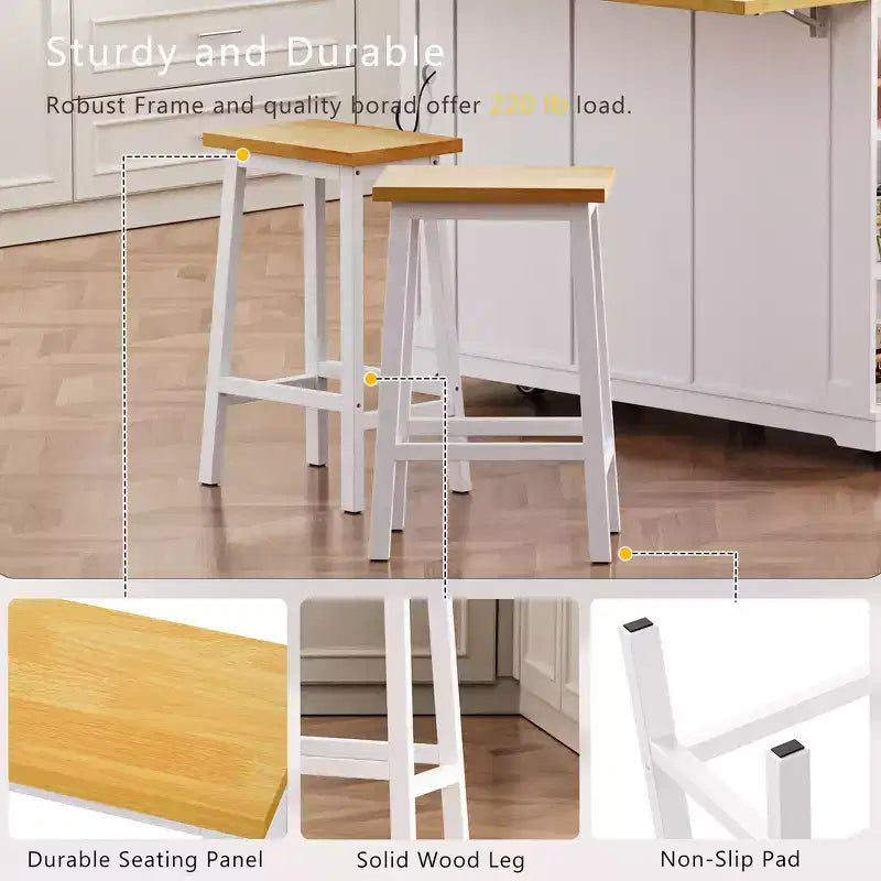 Tabourets de bar en bois massif, lot de 2, hauteur 65 cm, tabourets de comptoir de ferme avec repose-pieds