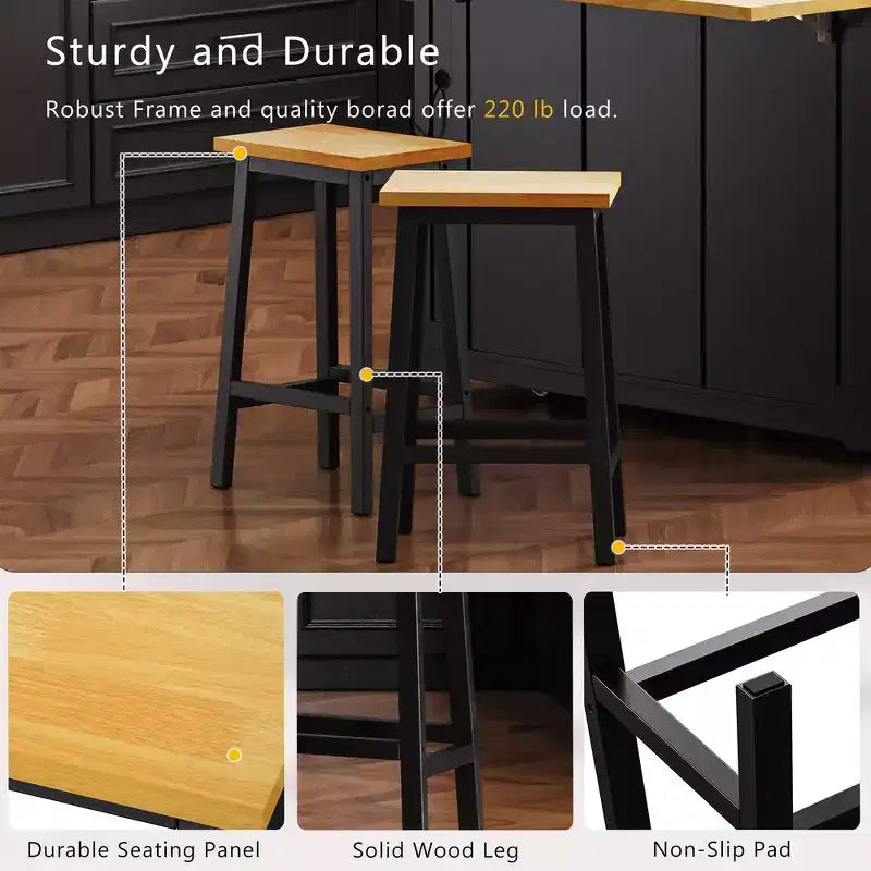 Tabourets de bar en bois massif, lot de 2, hauteur 65 cm, tabourets de comptoir de ferme avec repose-pieds