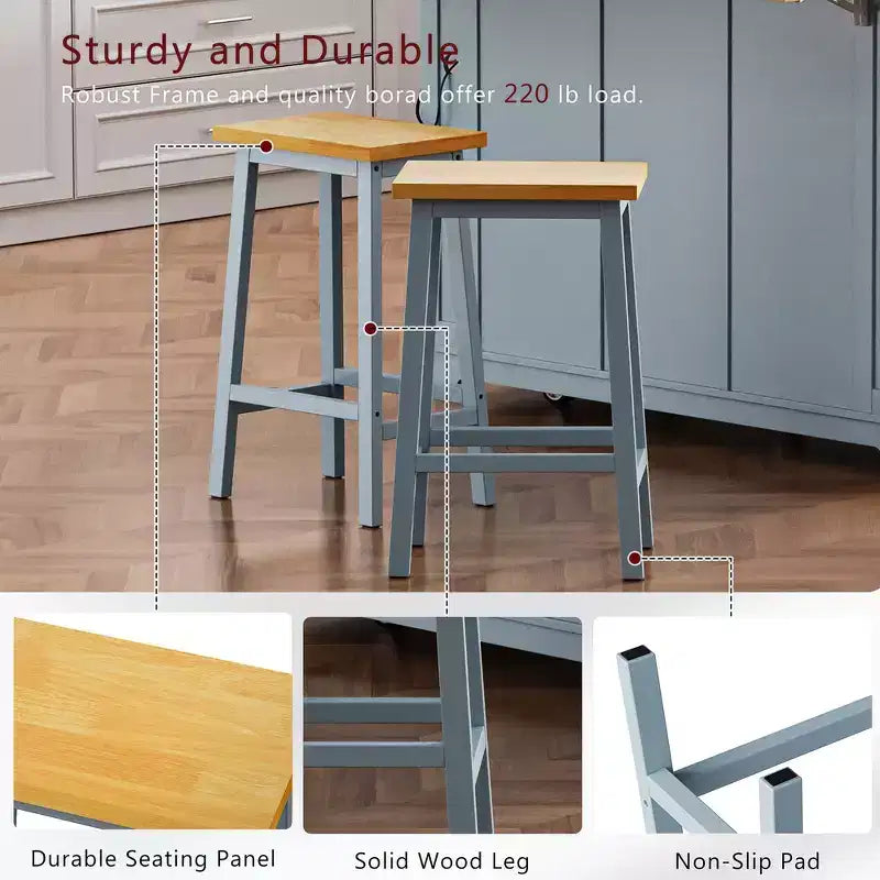 Tabourets de bar en bois massif, lot de 2, hauteur 65 cm, tabourets de comptoir de ferme avec repose-pieds