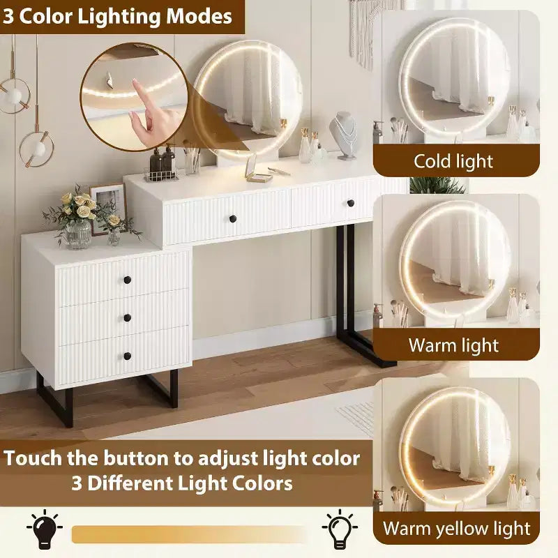 Coiffeuse avec miroir et lumières, Petite coiffeuse avec 5 tiroirs pour chambre à coucher, Organisateur de maquillage avec 3 couleurs de lumières