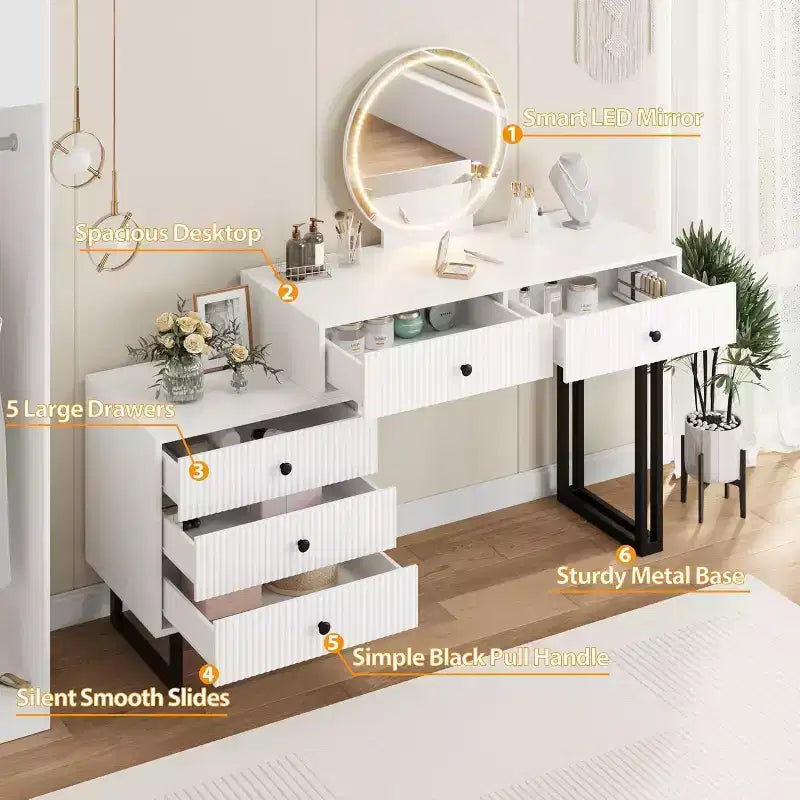 Coiffeuse avec miroir et lumières, Petite coiffeuse avec 5 tiroirs pour chambre à coucher, Organisateur de maquillage avec 3 couleurs de lumières