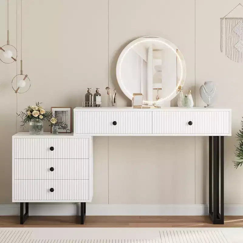 Coiffeuse avec miroir et lumières, Petite coiffeuse avec 5 tiroirs pour chambre à coucher, Organisateur de maquillage avec 3 couleurs de lumières