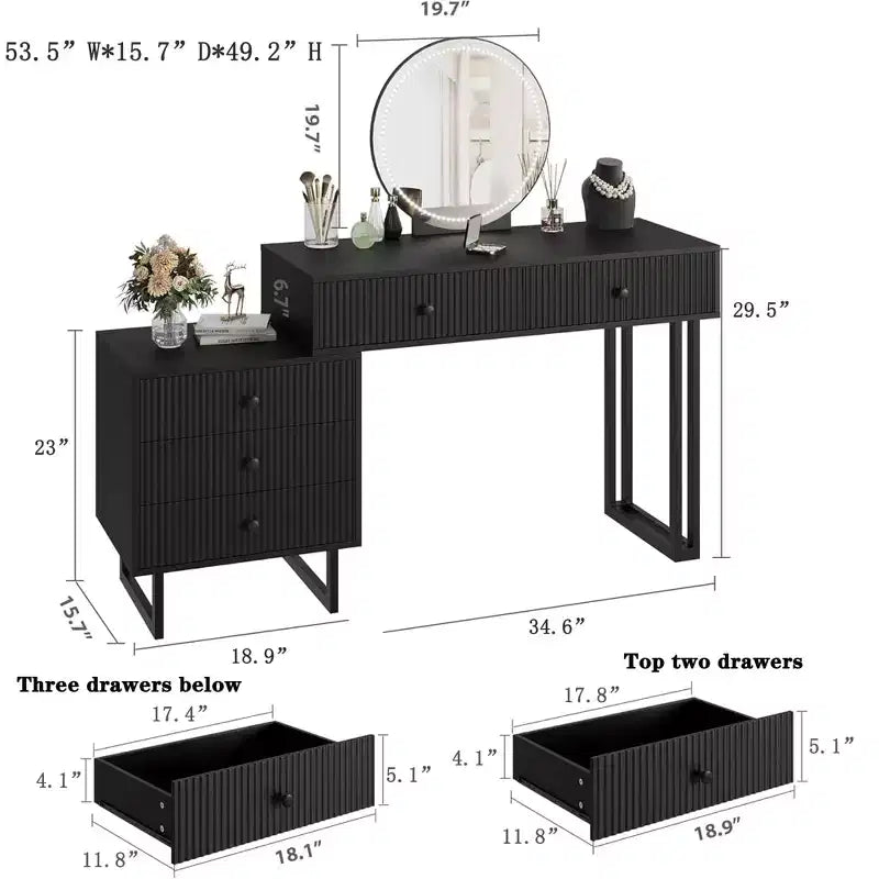 Coiffeuse avec miroir et lumières, Petite coiffeuse avec 5 tiroirs pour chambre à coucher, Organisateur de maquillage avec 3 couleurs de lumières