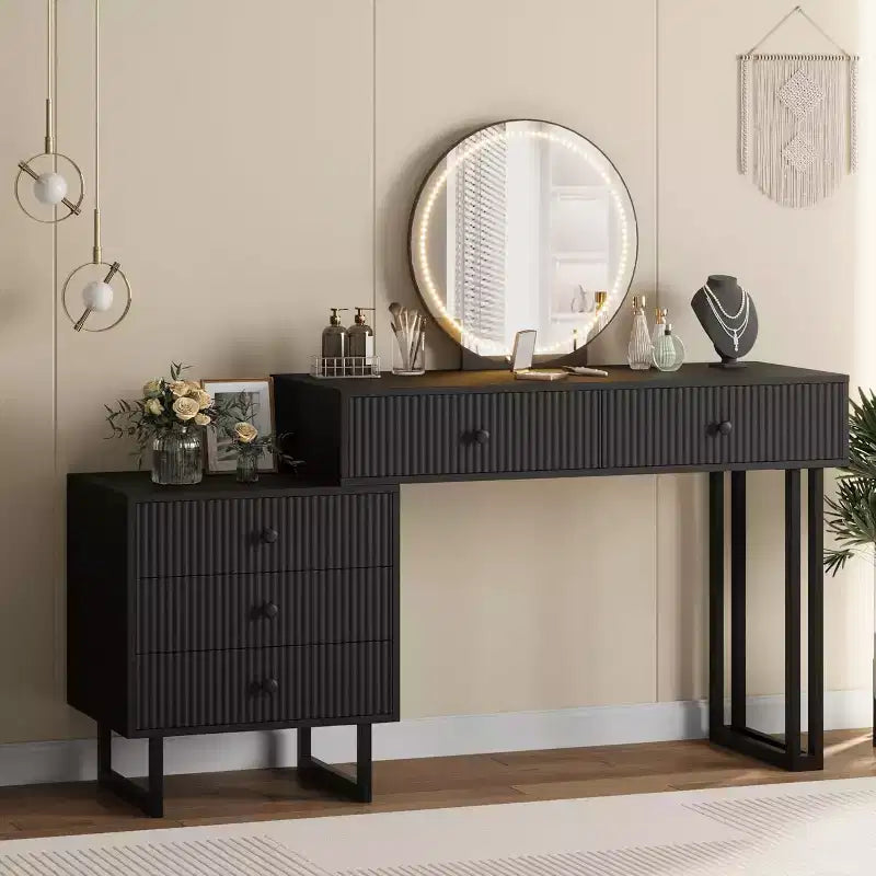 Coiffeuse avec miroir et lumières, Petite coiffeuse avec 5 tiroirs pour chambre à coucher, Organisateur de maquillage avec 3 couleurs de lumières