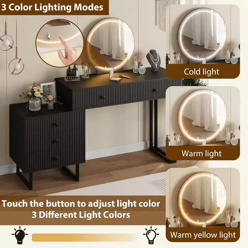 Coiffeuse avec miroir et lumières, Petite coiffeuse avec 5 tiroirs pour chambre à coucher, Organisateur de maquillage avec 3 couleurs de lumières