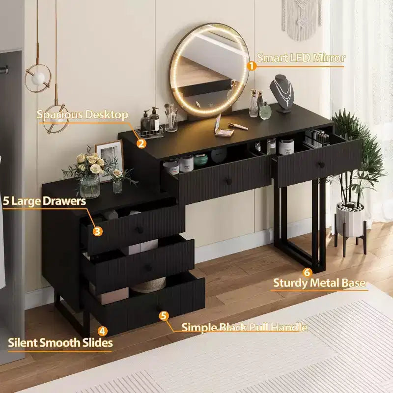 Coiffeuse avec miroir et lumières, Petite coiffeuse avec 5 tiroirs pour chambre à coucher, Organisateur de maquillage avec 3 couleurs de lumières