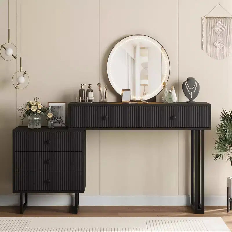 Coiffeuse avec miroir et lumières, Petite coiffeuse avec 5 tiroirs pour chambre à coucher, Organisateur de maquillage avec 3 couleurs de lumières