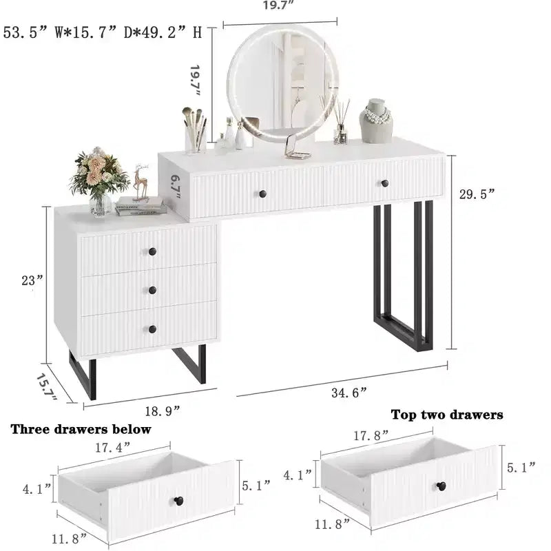 Coiffeuse avec miroir et lumières, Petite coiffeuse avec 5 tiroirs pour chambre à coucher, Organisateur de maquillage avec 3 couleurs de lumières