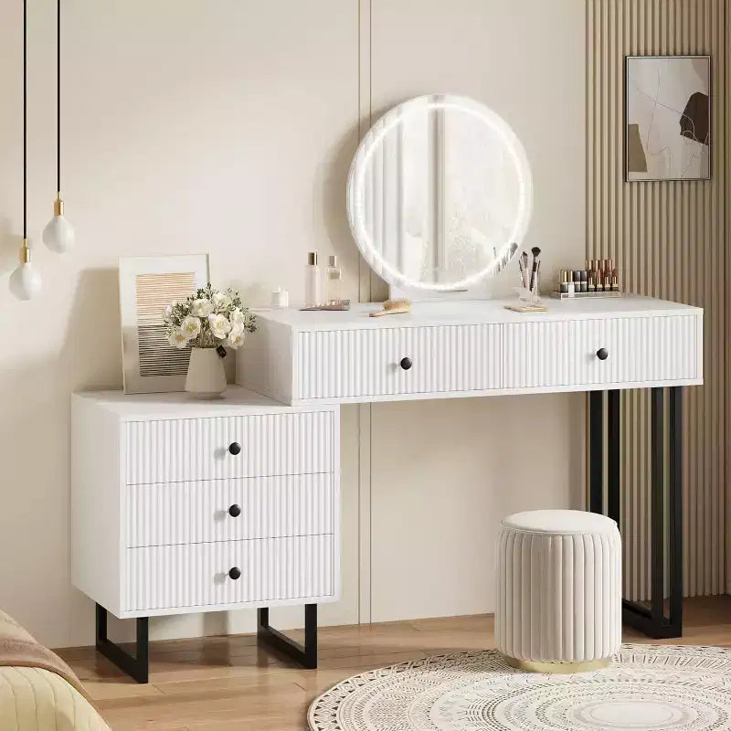 Coiffeuse avec miroir et lumières, Petite coiffeuse avec 5 tiroirs pour chambre à coucher, Organisateur de maquillage avec 3 couleurs de lumières