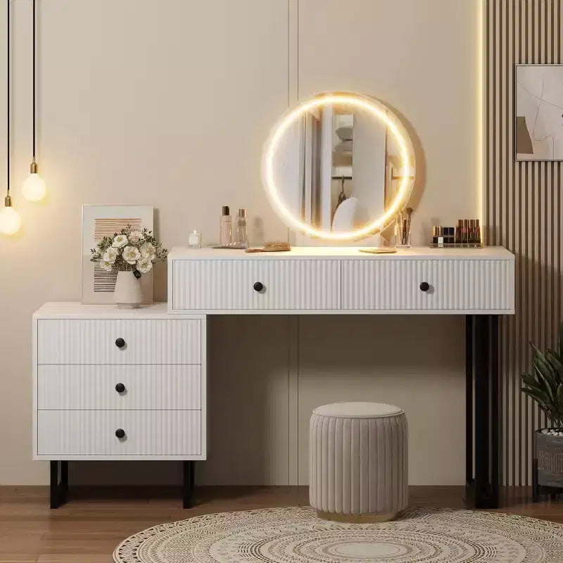 Coiffeuse avec miroir et lumières, Petite coiffeuse avec 5 tiroirs pour chambre à coucher, Organisateur de maquillage avec 3 couleurs de lumières