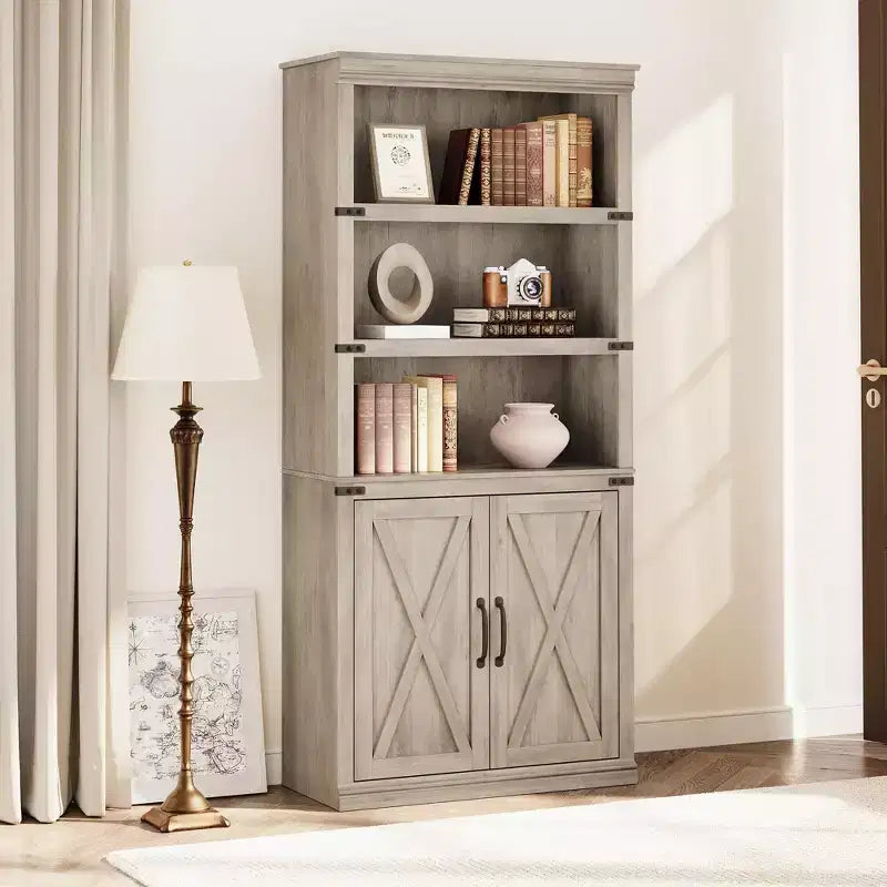 GustoWave 68.7Shelf Bookcase with Storage Cabinet,Freestanding 5-Tier Display Cabinet,Wooden Bookshelf with Doors,Grey