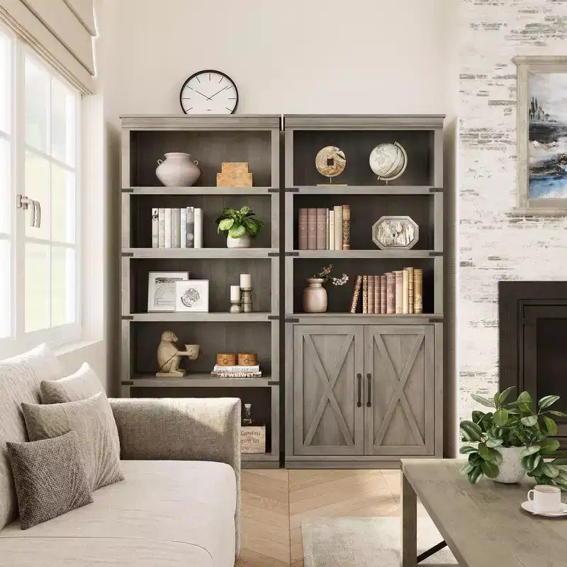 68,7Bibliothèque Étagère avec Armoire de Rangement, Meuble de Rangement sur Pied à 5 Niveaux, Bibliothèque en Bois avec Portes, Gris