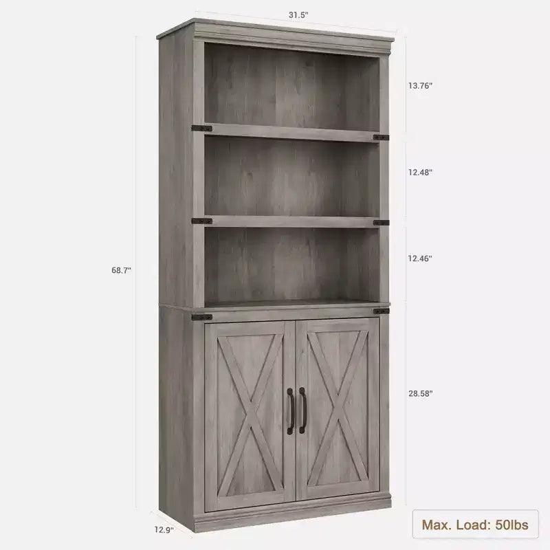 68,7Bibliothèque Étagère avec Armoire de Rangement, Meuble de Rangement sur Pied à 5 Niveaux, Bibliothèque en Bois avec Portes, Gris