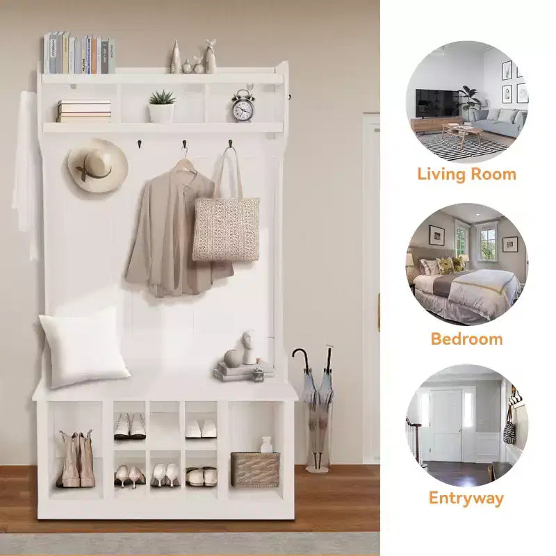 Portemanteau d'entrée 5-en-1 style ferme avec banc à chaussures et patères, 8 compartiments à chaussures, 6 patères.