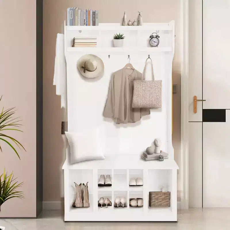 Portemanteau d'entrée 5-en-1 style ferme avec banc à chaussures et patères, 8 compartiments à chaussures, 6 patères.
