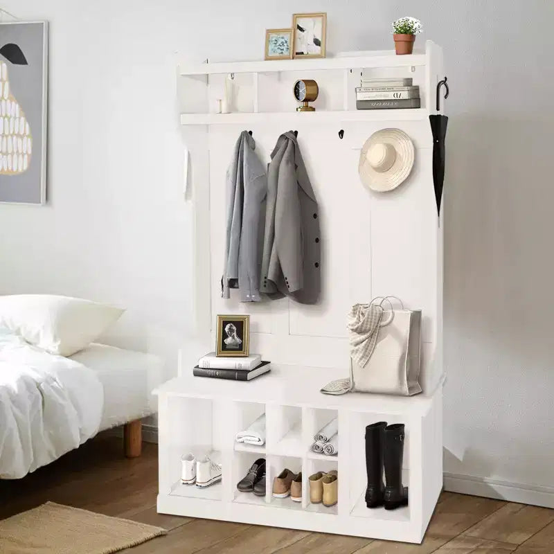 Portemanteau d'entrée 5-en-1 style ferme avec banc à chaussures et patères, 8 compartiments à chaussures, 6 patères.
