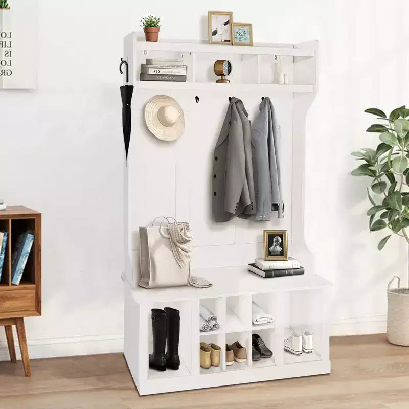 Portemanteau d'entrée 5-en-1 style ferme avec banc à chaussures et patères, 8 compartiments à chaussures, 6 patères.