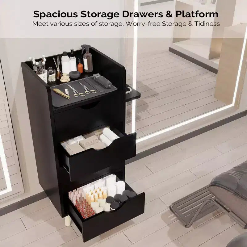Meuble de rangement pour salon de coiffure avec 4 tiroirs et 2 supports pour sèche-cheveux