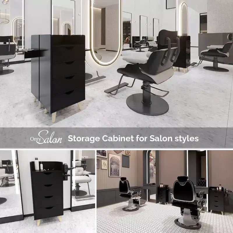 Meuble de rangement pour salon de coiffure avec 4 tiroirs et 2 supports pour sèche-cheveux