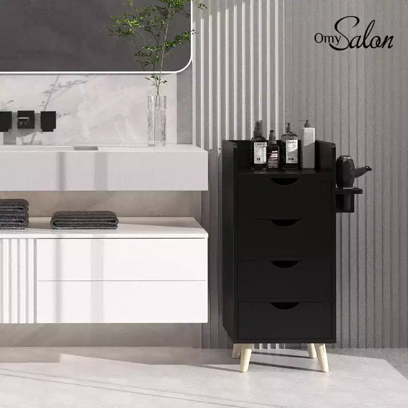Meuble de rangement pour salon de coiffure avec 4 tiroirs et 2 supports pour sèche-cheveux