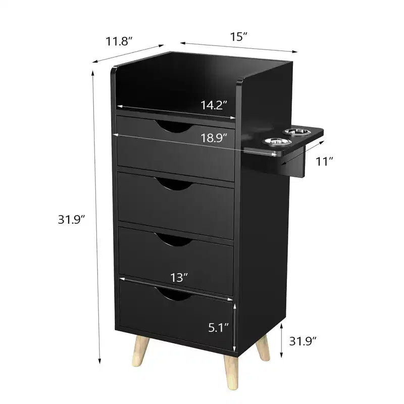 Meuble de rangement pour salon de coiffure avec 4 tiroirs et 2 supports pour sèche-cheveux