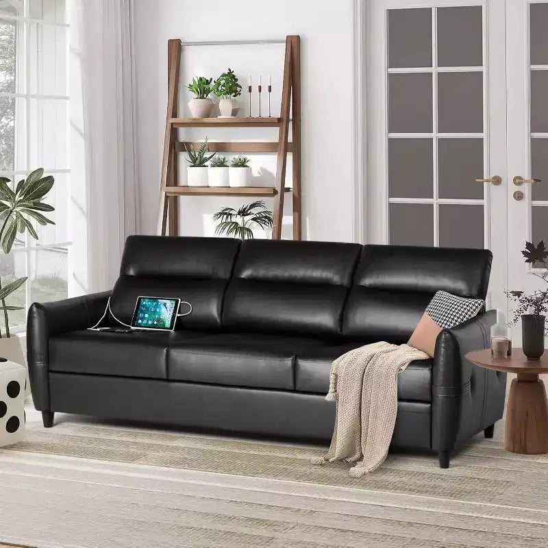 TYBOATLE 85 Faux Leather 3-Seater Sofa with USB Ports, Mid-Century Modern Couch for Living Room, Office, or Apartment  Black