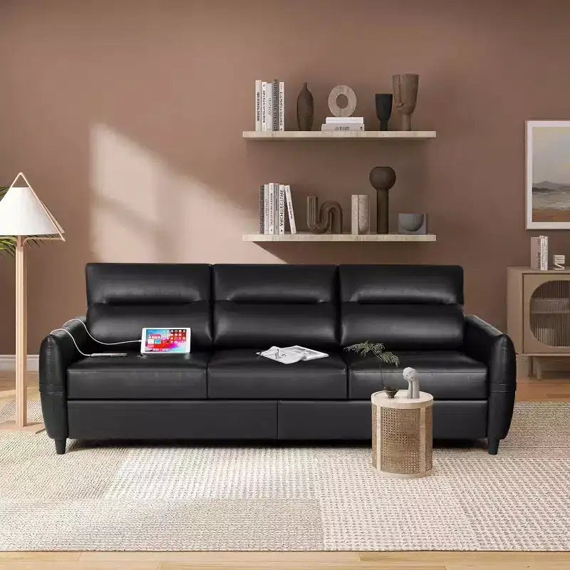 Canapé 3 places en similicuir, style moderne du milieu du siècle, avec ports USB, pour salon, bureau ou appartement, noir