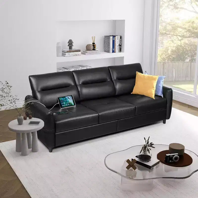 Canapé 3 places en similicuir, style moderne du milieu du siècle, avec ports USB, pour salon, bureau ou appartement, noir