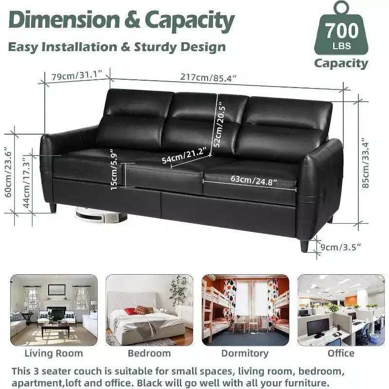 Canapé 3 places en similicuir, style moderne du milieu du siècle, avec ports USB, pour salon, bureau ou appartement, noir