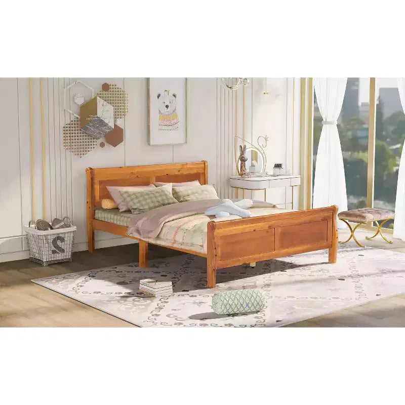 Lit plateforme Queen en bois avec tête de lit et support à lattes en bois (Chêne)