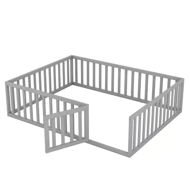Cadre de lit en bois pour sol Queen Size avec clôture et porte gris
