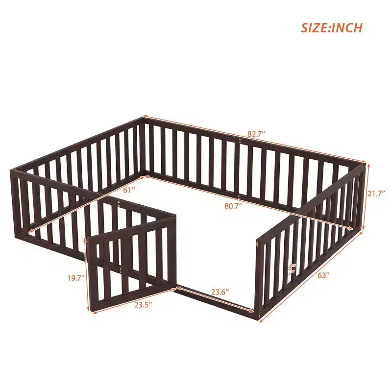Cadre de lit en bois pour sol Queen Size avec clôture et porte gris