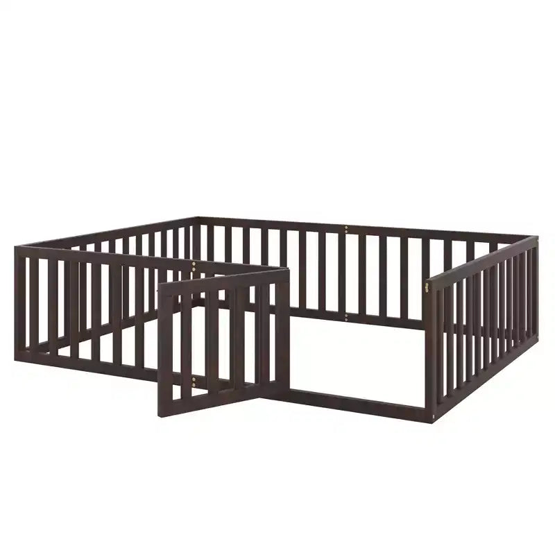 Cadre de lit en bois pour sol Queen Size avec clôture et porte gris