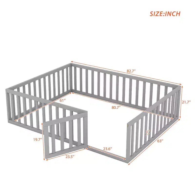Cadre de lit en bois pour sol Queen Size avec clôture et porte gris