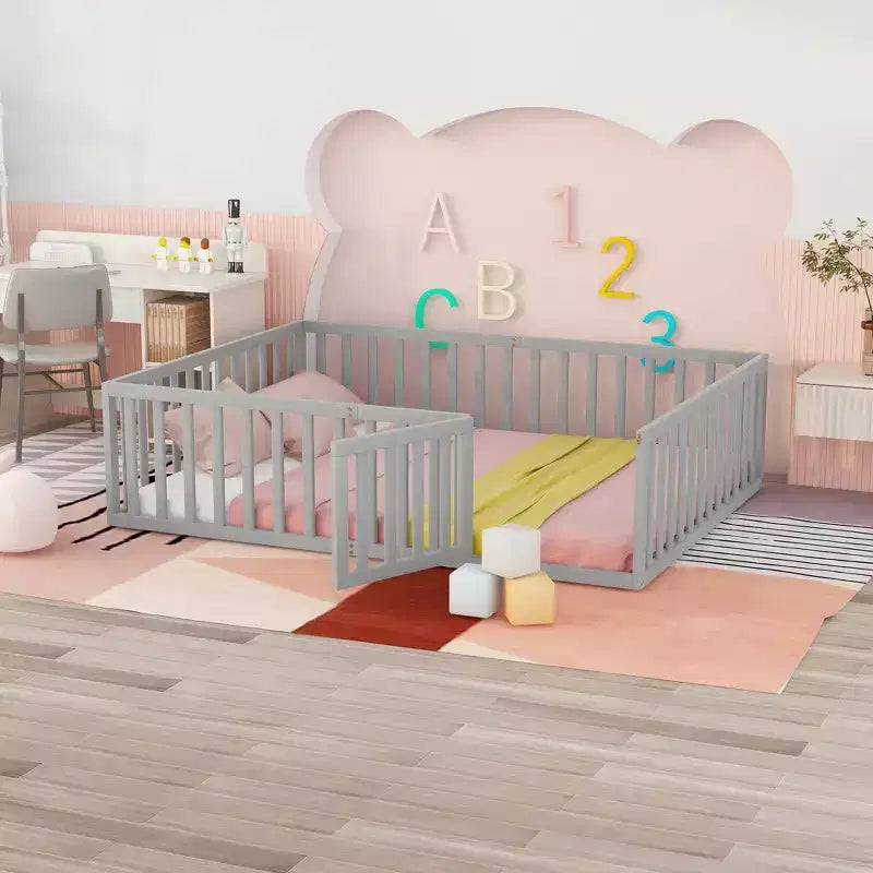 Queen Size Wood Floor Bed Frame with Fence and Door Gray