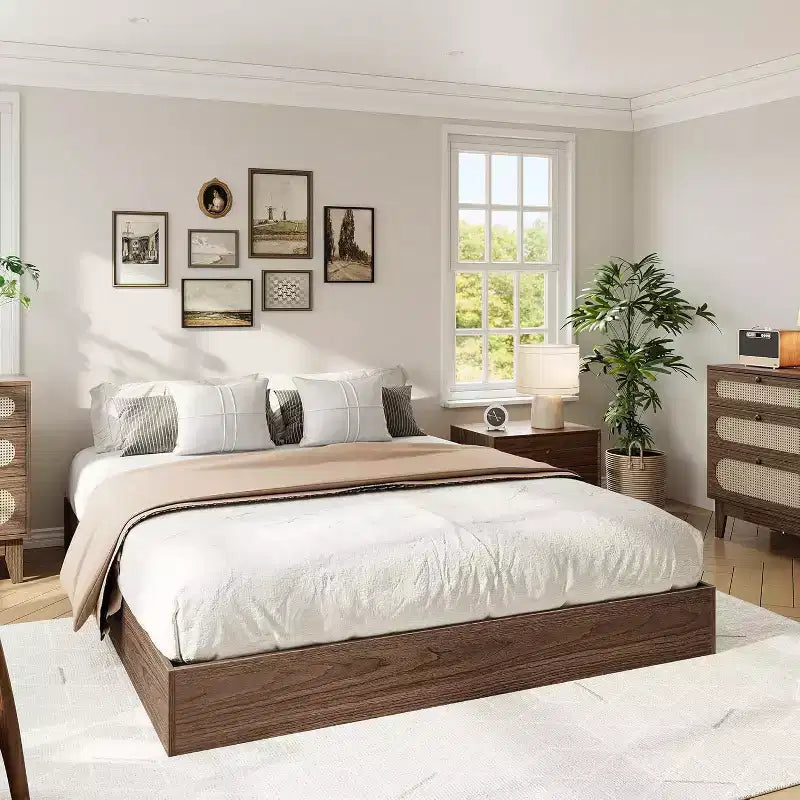 Solid Wood Platform Bed Frame with Sturdy Wooden Slats, Floor-Standing Minimalist Design, Walnut Finish, No Box Spring Needed