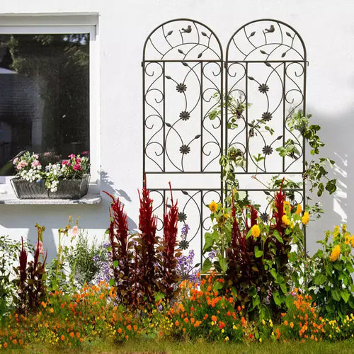 Lot de 2 treillis de jardin en métal de 220 x 50 cm – Antirouille, marron, pour plantes grimpantes et fleurs d'extérieur
