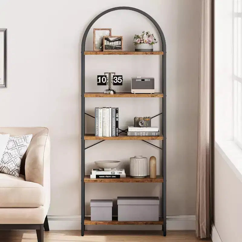 Bibliothèque arquée 71, Étagère moderne à 5 niveaux avec finition marbre, Étagère de rangement haute pour la maison et le bureau