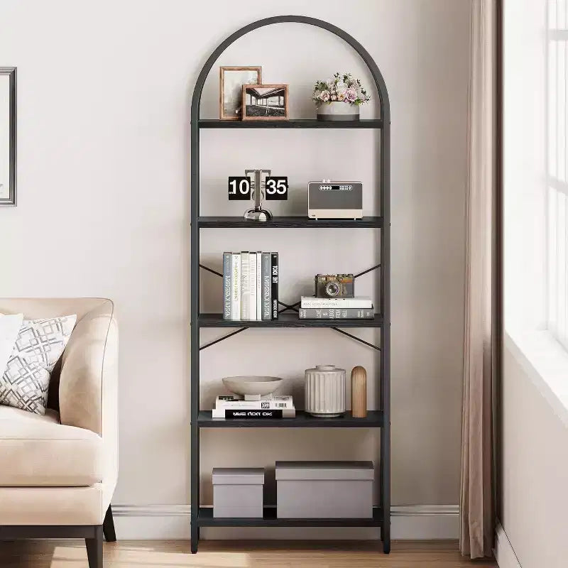 Bibliothèque arquée 71, Étagère moderne à 5 niveaux avec finition marbre, Étagère de rangement haute pour la maison et le bureau