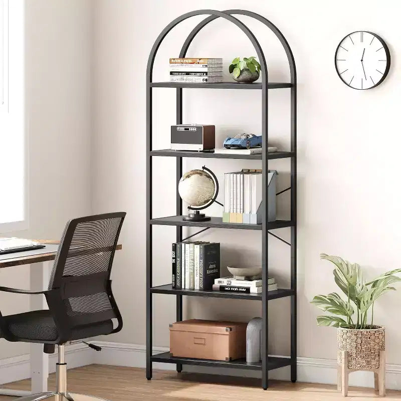 Bibliothèque arquée 71, Étagère moderne à 5 niveaux avec finition marbre, Étagère de rangement haute pour la maison et le bureau