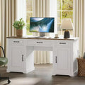 60 Executive Desk with Drawers, Farmhouse Home Office Desk with Storage Cabinets, Rustic Computer Writing Desks, (Antique White-1)