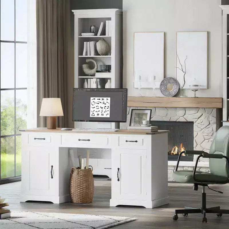 Bureau de direction de 60 po avec tiroirs, bureau d'ordinateur de style rustique pour bureau à domicile avec armoires de rangement, (Blanc antique-1)