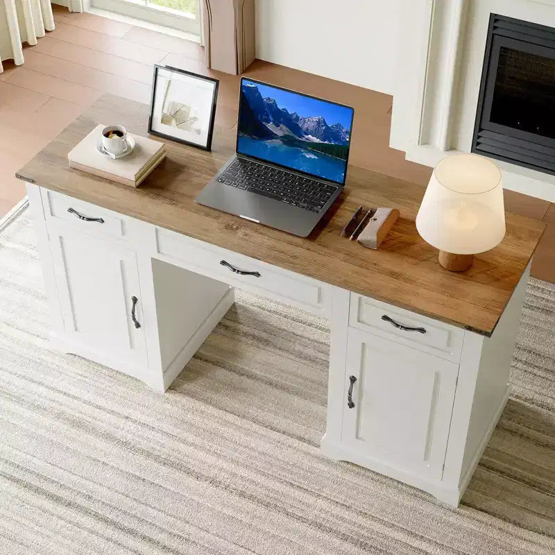 Bureau de direction de 60 po avec tiroirs, bureau d'ordinateur de style rustique pour bureau à domicile avec armoires de rangement, (Blanc antique-1)