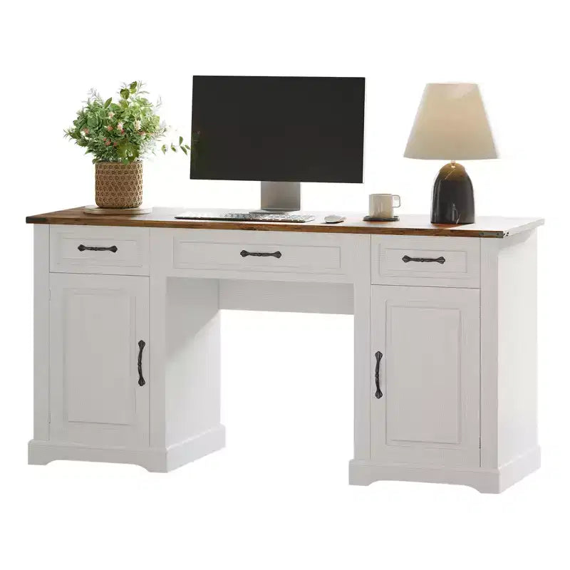 Bureau de direction de 60 po avec tiroirs, bureau d'ordinateur de style rustique pour bureau à domicile avec armoires de rangement, (Blanc antique-1)