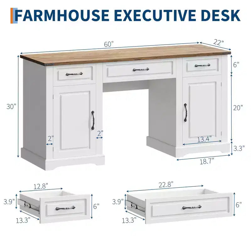 Bureau de direction de 60 po avec tiroirs, bureau d'ordinateur de style rustique pour bureau à domicile avec armoires de rangement, (Blanc antique-1)