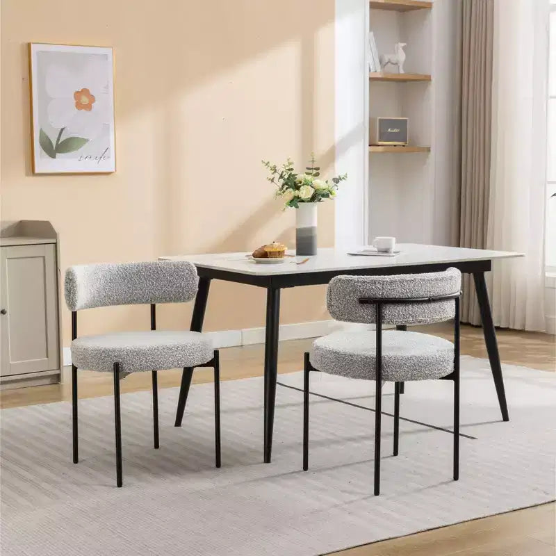Lot de 2 chaises de salle à manger modernes en bouclette, design barillet rond, assise épaisse et pieds en métal, chaises d'appoint confortables pour cuisine ou salon