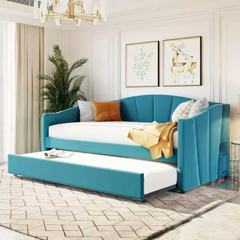 Upholstered Daybed Sofa Bed Twin Size With Trundle Bed and Wood Slat Blue
