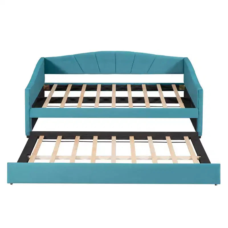 Lit de repos rembourré Taille double avec lit gigogne et lattes en bois bleu