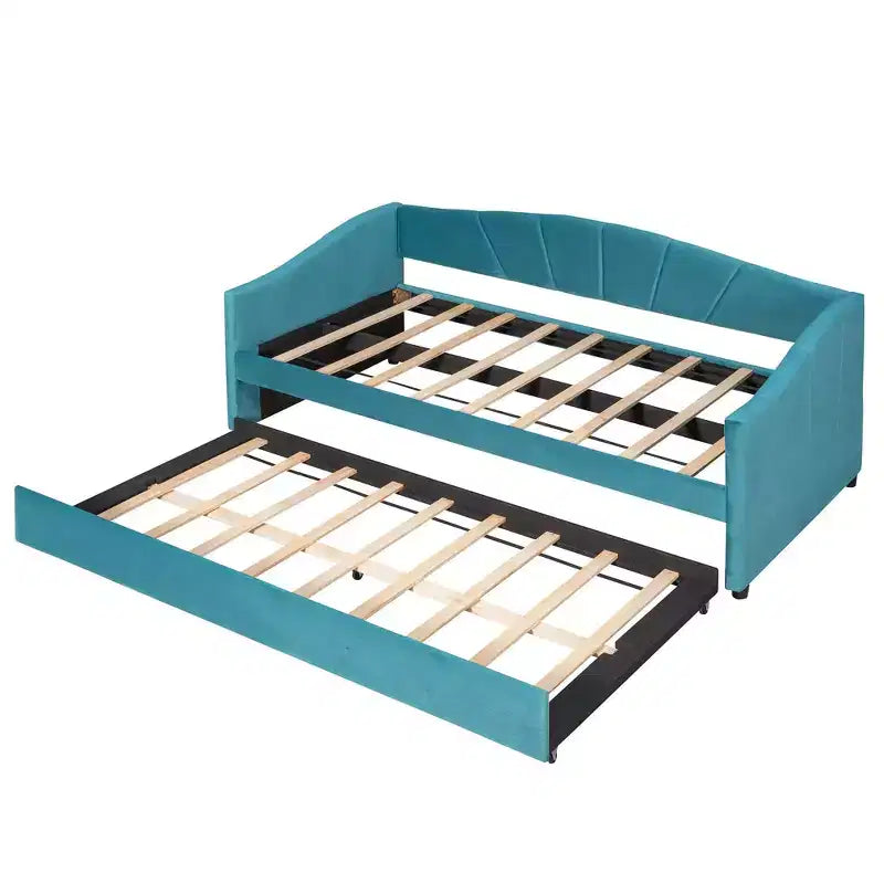 Lit de repos rembourré Taille double avec lit gigogne et lattes en bois bleu