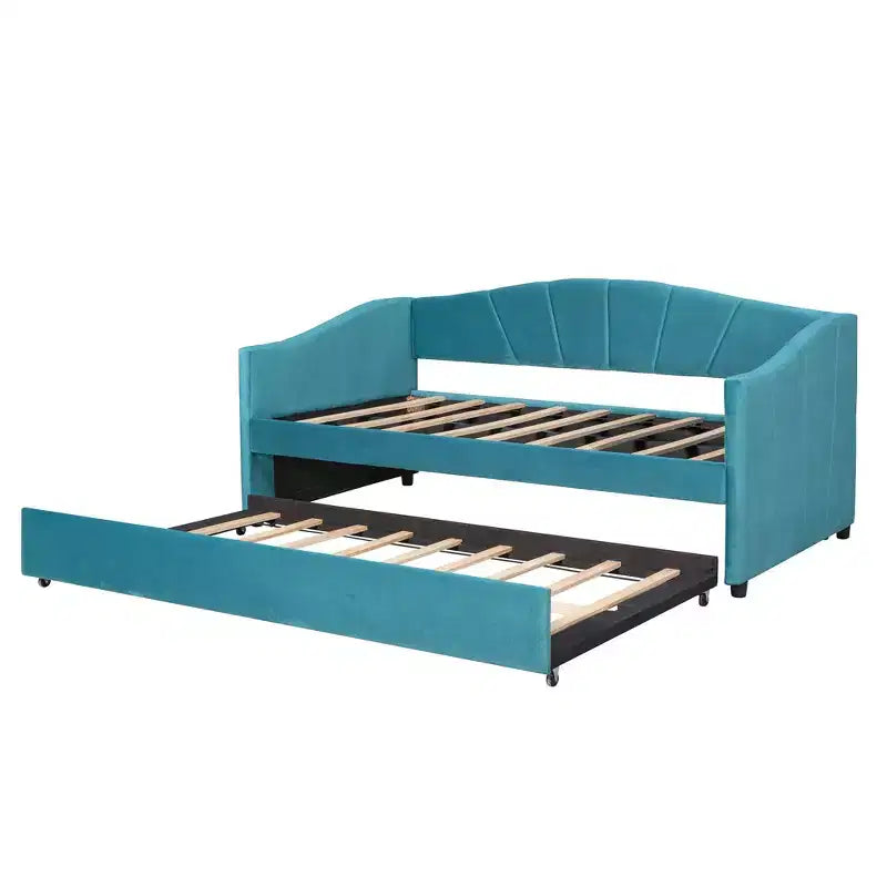 Lit de repos rembourré Taille double avec lit gigogne et lattes en bois bleu